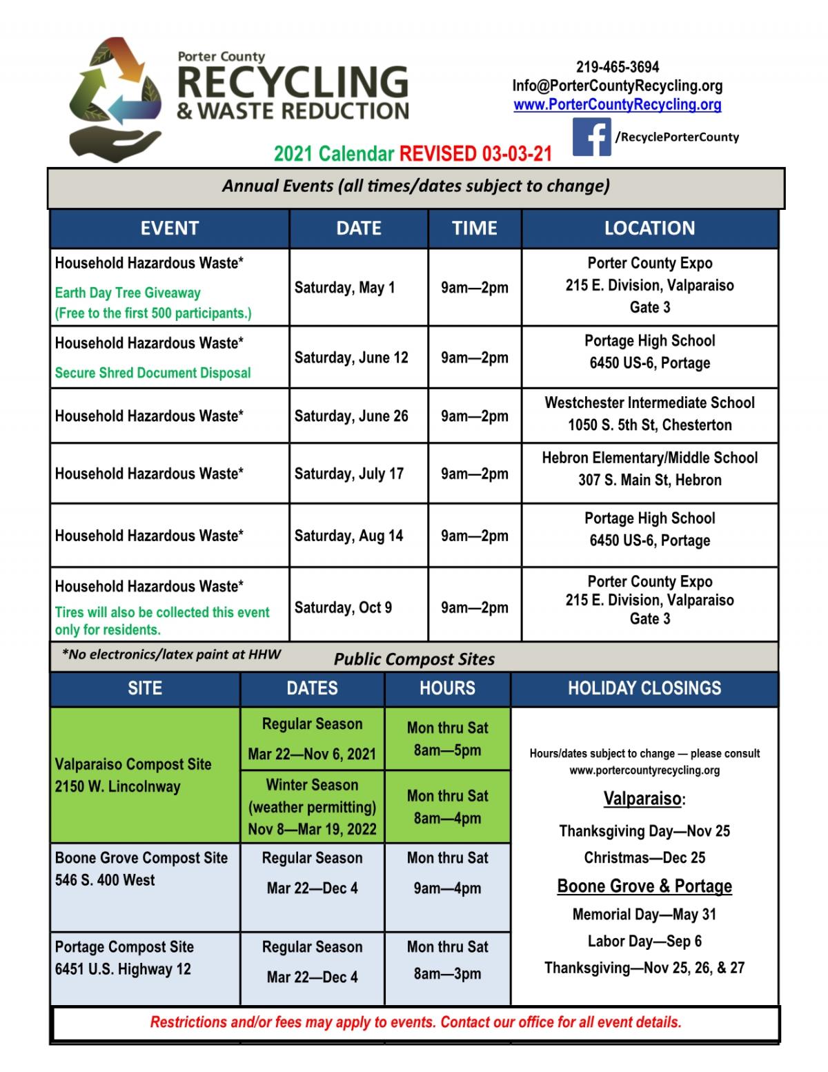 PORTER COUNTY RECYCLING & WASTE SCHEDULE OF EVENTS Hebron Indiana